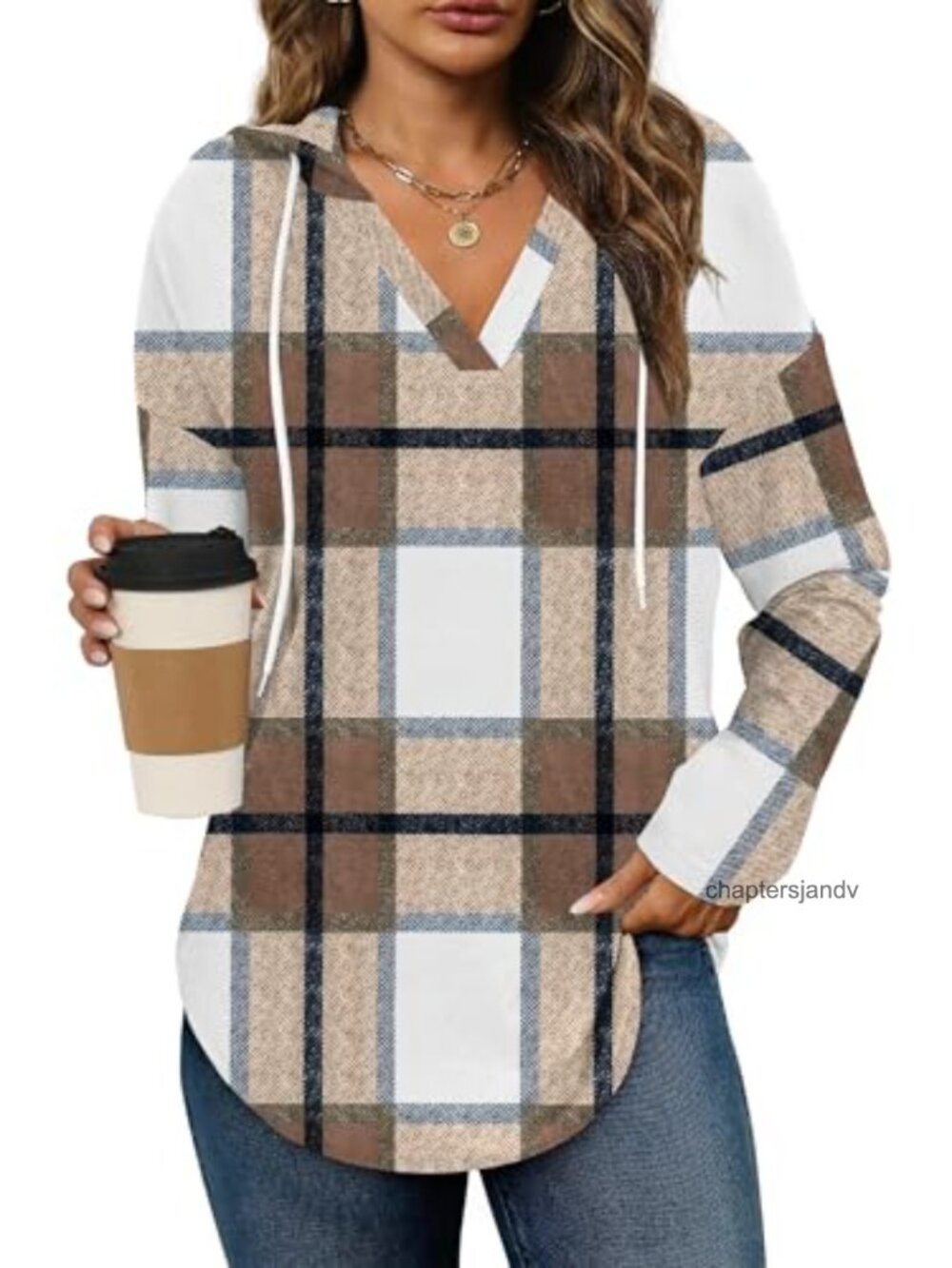 Womens Long Sleeve Fleece Hoodie Sweatshirt Plaid Tunic
